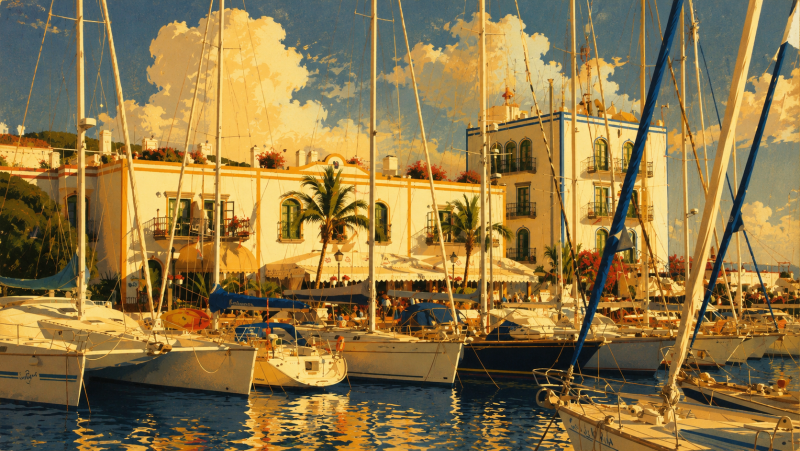 Hafengebäude Puerto de Mogan und Segelyachten in der Marina